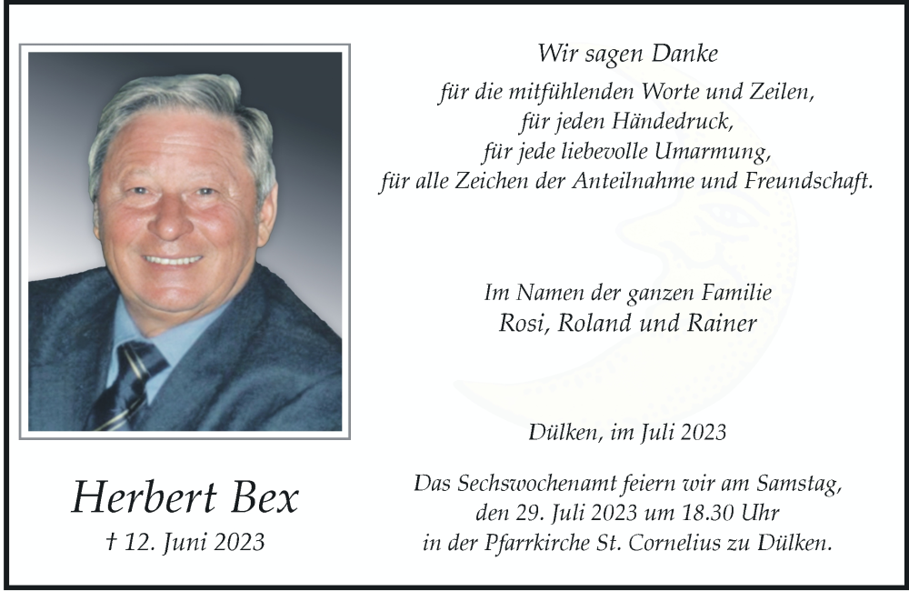  Traueranzeige für Herbert Bex vom 22.07.2023 aus Rheinische Post