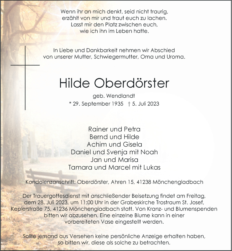  Traueranzeige für Hilde Oberdörster vom 22.07.2023 aus Rheinische Post