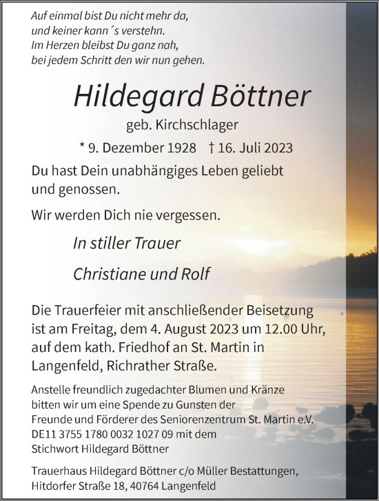Traueranzeige von Hildegard Böttner von Rheinische Post
