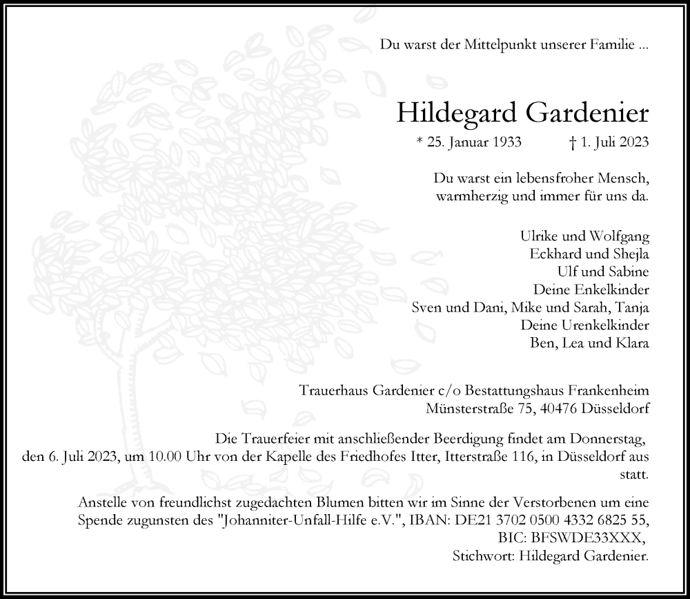  Traueranzeige für Hildegard Gardenier vom 05.07.2023 aus Rheinische Post