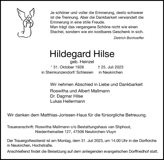 Traueranzeige von Hildegard Hilse von Rheinische Post
