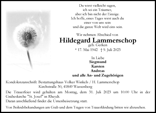 Traueranzeige von Hildegard Lammerschop von Rheinische Post