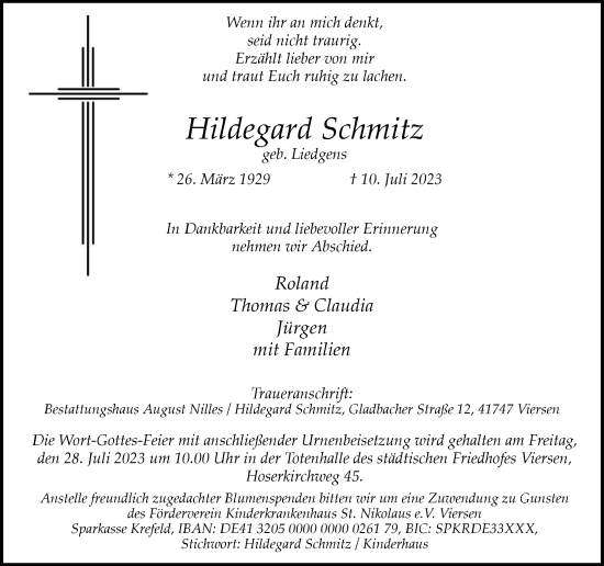 Traueranzeige von Hildegard Schmitz von Rheinische Post