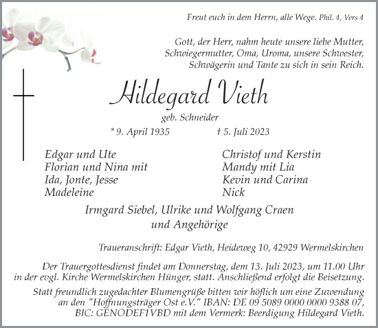 Traueranzeige von Hildegard Vieth von Rheinische Post