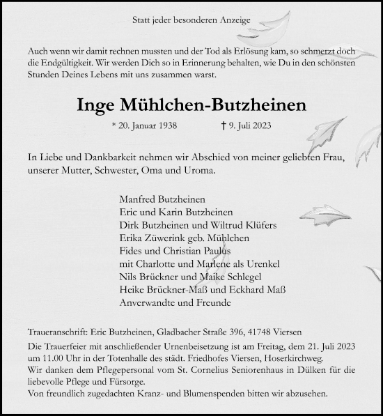 Traueranzeige von Inge Mühlchen-Butzheinen von Rheinische Post