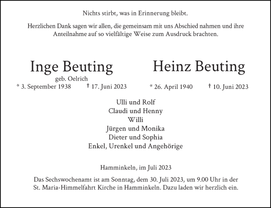 Traueranzeige von Inge und Heinz Beuting von Rheinische Post