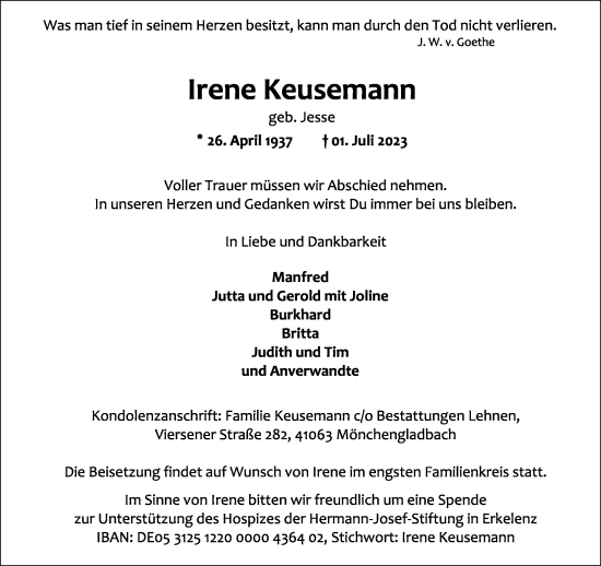 Traueranzeige von Irene Keusemann von Rheinische Post