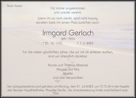 Traueranzeige von Irmgard Gerlach von Rheinische Post