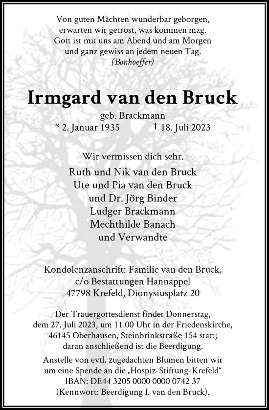 Traueranzeige von Irmgard van den Bruck von Rheinische Post