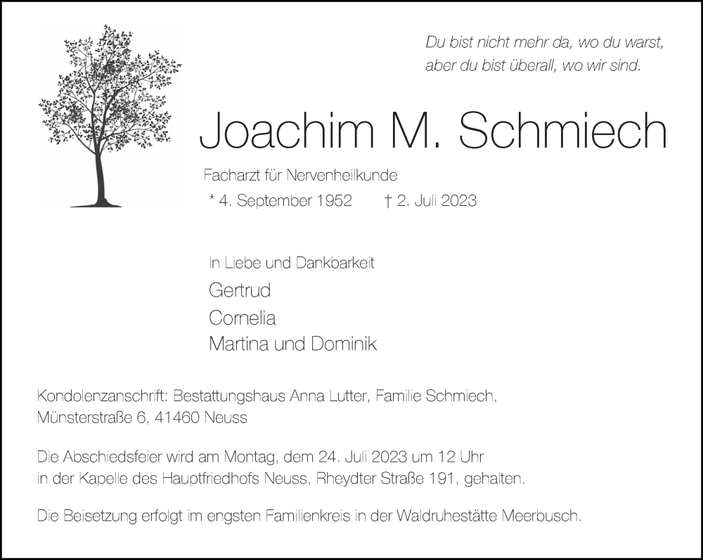  Traueranzeige für Joachim M. Schmiech vom 19.07.2023 aus Rheinische Post
