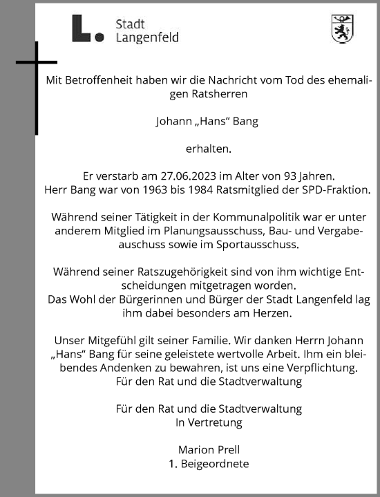 Traueranzeige von Johann Bang von Rheinische Post