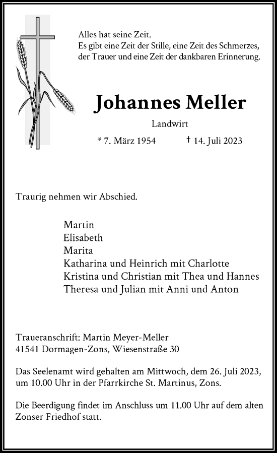 Traueranzeige von Johannes Meller von Rheinische Post