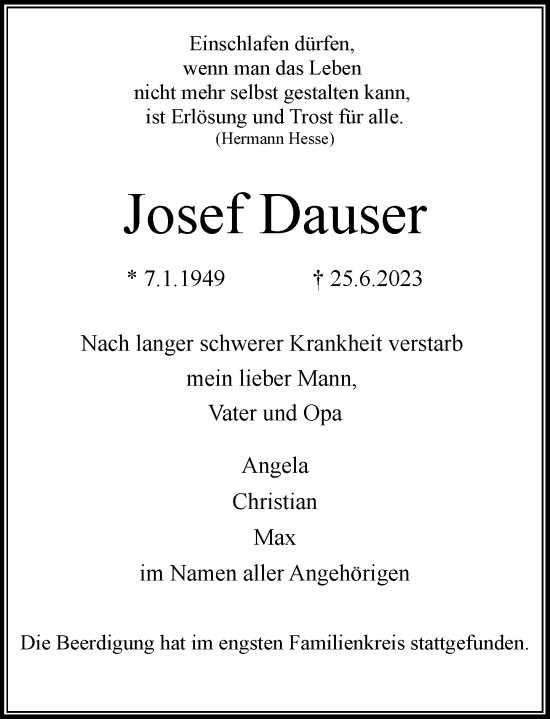 Traueranzeige von Josef Dauser von Rheinische Post