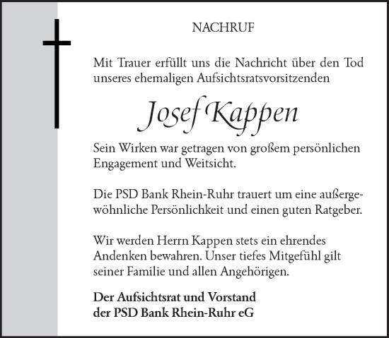 Traueranzeige von Josef Kappen von Rheinische Post