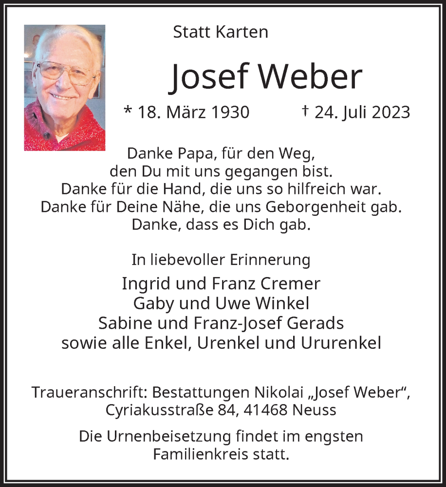  Traueranzeige für Josef Weber vom 29.07.2023 aus Rheinische Post