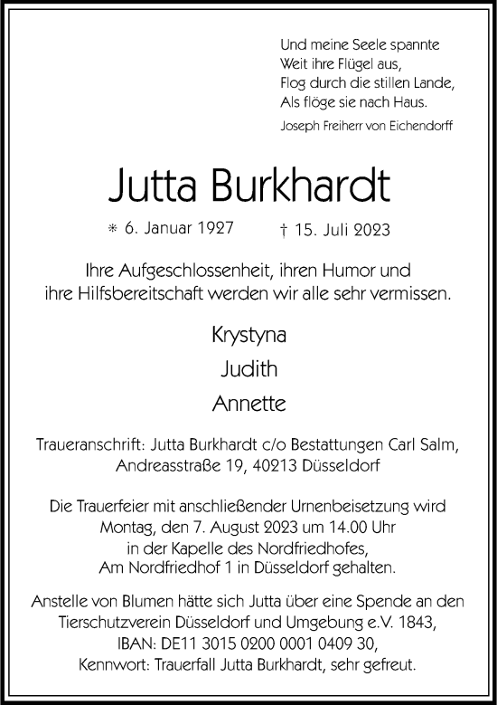 Traueranzeige von Jutta Burkhardt von Rheinische Post