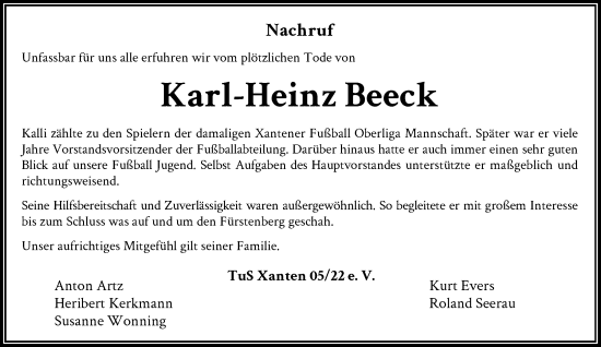 Traueranzeige von Karl-Heinz Beeck von Rheinische Post