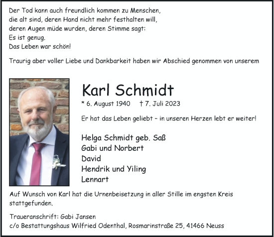 Traueranzeige von Karl Schmidt von Rheinische Post