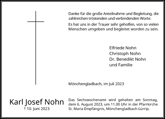 Traueranzeige von Karl Josef Nohn von Rheinische Post