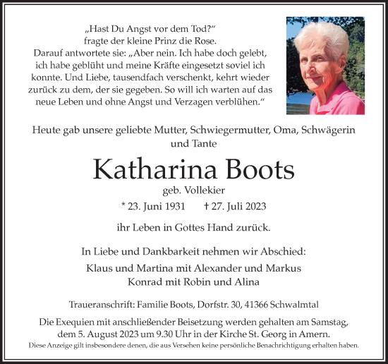 Traueranzeige von Katharina Boots von Rheinische Post