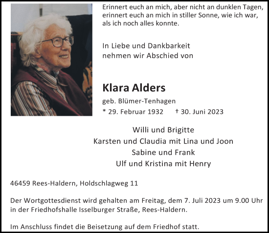 Traueranzeige von Klara Alders von Rheinische Post