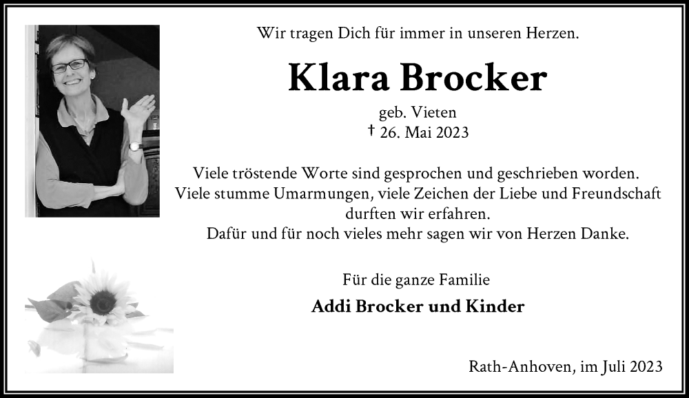  Traueranzeige für Klara Brocker vom 29.07.2023 aus Rheinische Post