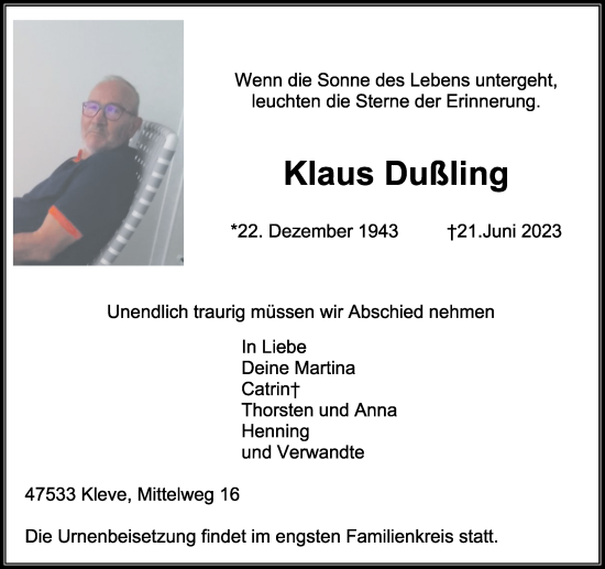Traueranzeige von Klaus Dußling von Rheinische Post