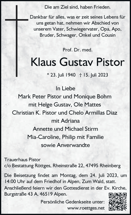 Traueranzeige von Klaus Gustav Pistor von Rheinische Post