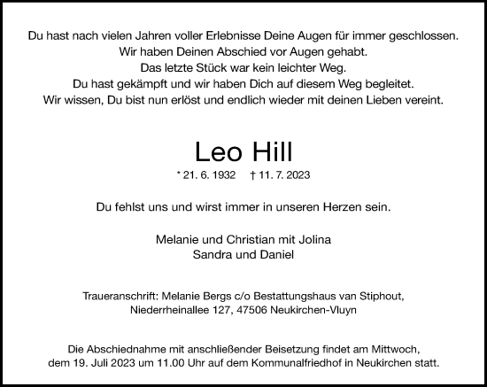 Traueranzeige von Leo Hill von Rheinische Post