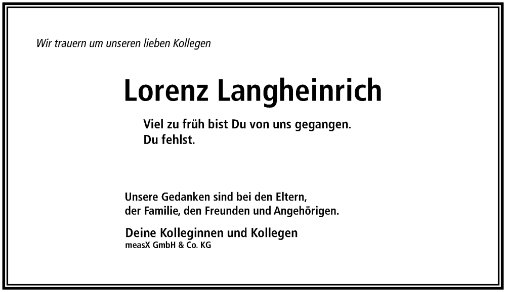  Traueranzeige für Lorenz Langheinrich vom 22.07.2023 aus Rheinische Post