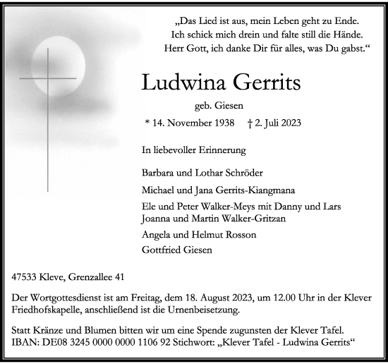 Traueranzeige von Ludwina Gerrits von Rheinische Post