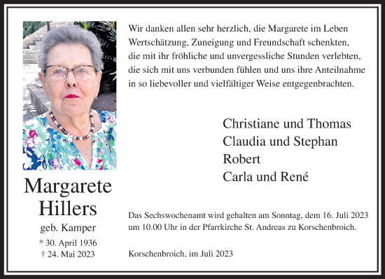 Traueranzeige von Margarete Hillers von Rheinische Post