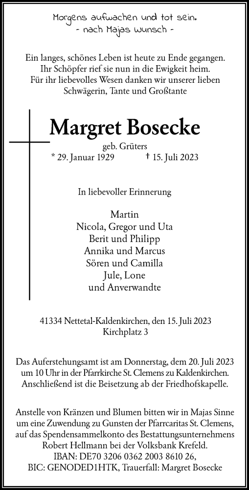  Traueranzeige für Margret Bosecke vom 19.07.2023 aus Rheinische Post
