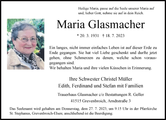 Traueranzeige von Maria Glasmacher von Rheinische Post