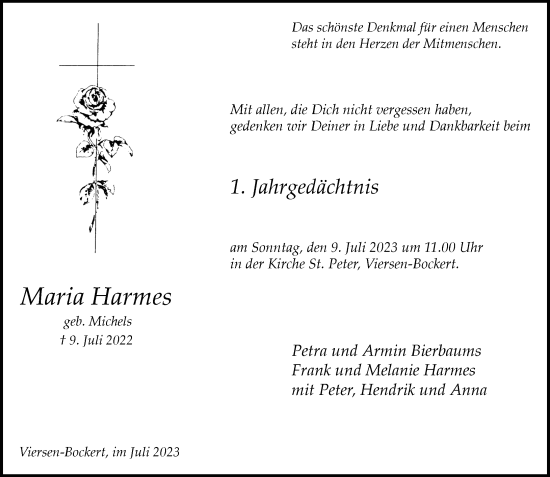 Traueranzeige von Maria Harmes von Rheinische Post