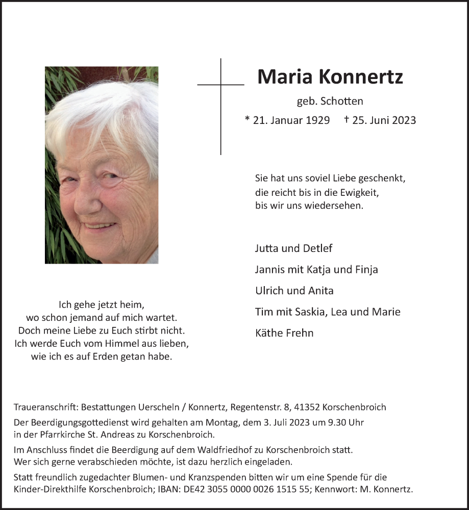  Traueranzeige für Maria Konnertz vom 01.07.2023 aus Rheinische Post