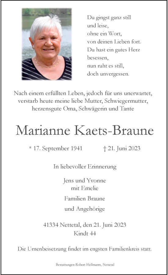 Traueranzeige von Marianne Kaets-Braune von Rheinische Post