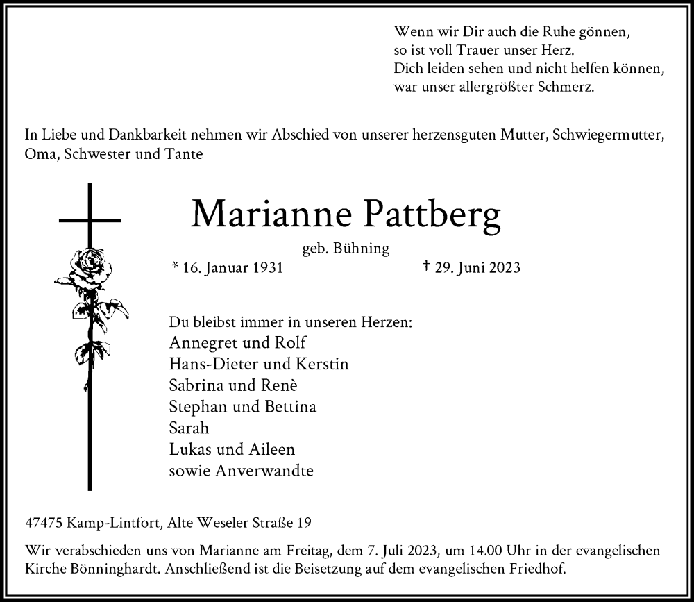  Traueranzeige für Marianne Pattberg vom 05.07.2023 aus Rheinische Post