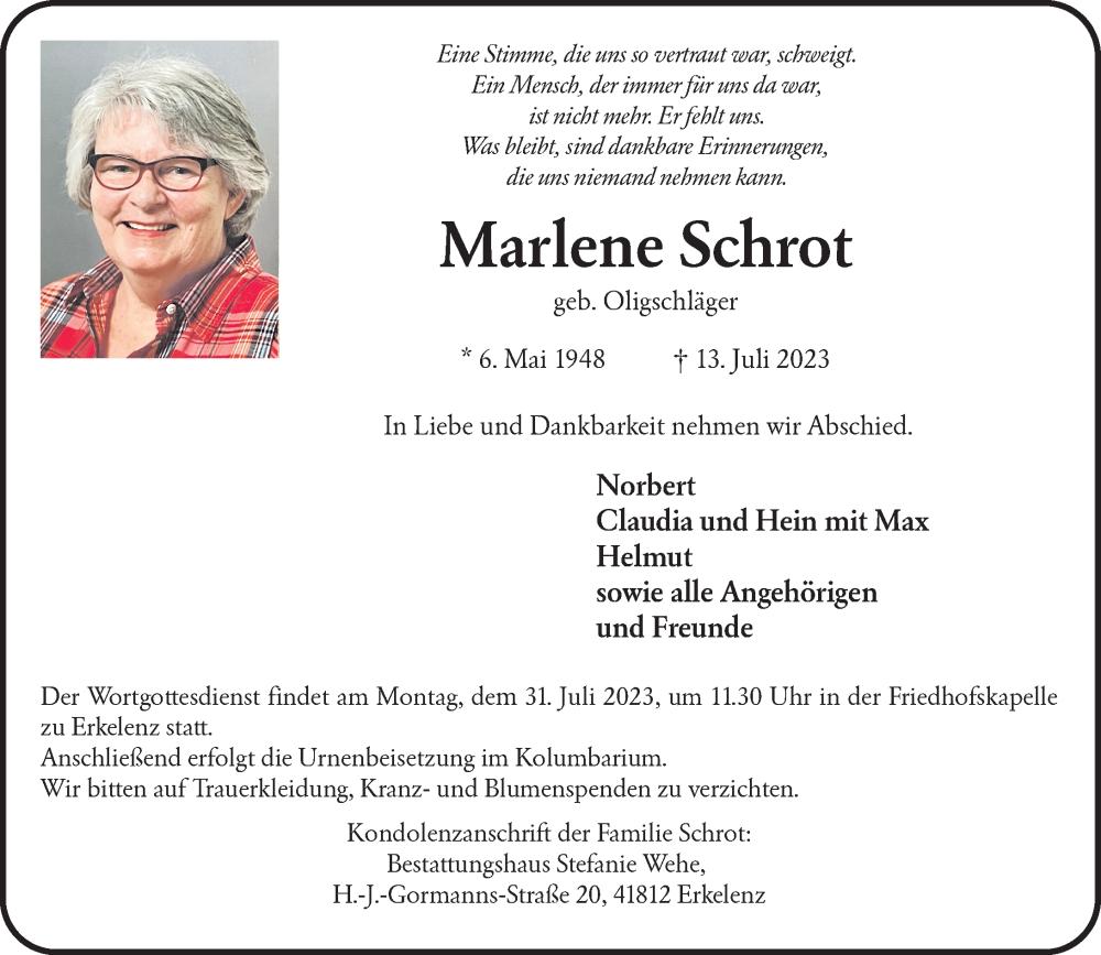  Traueranzeige für Marlene Schrot vom 19.07.2023 aus Rheinische Post
