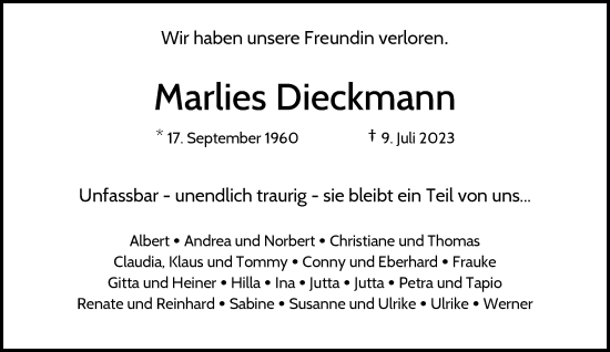 Traueranzeige von Marlies Dieckmann von Rheinische Post
