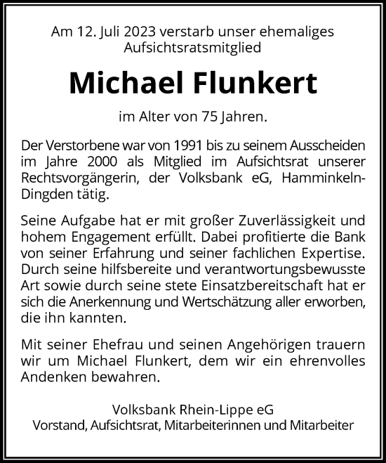 Traueranzeige von Michael Flunkert von Rheinische Post