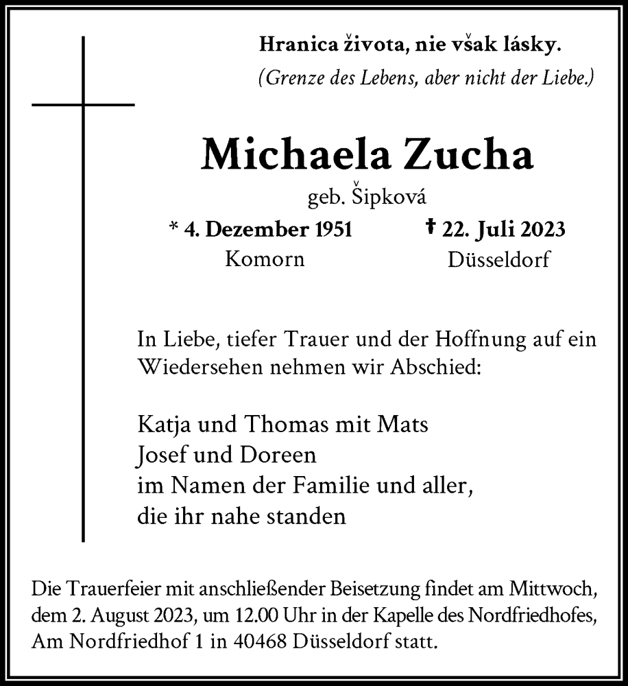  Traueranzeige für Michaela Zucha vom 29.07.2023 aus Rheinische Post