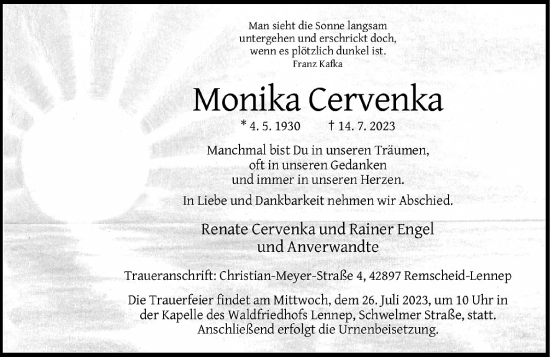 Alle Traueranzeigen Für Monika Cervenka | Trauer.rp-online.de