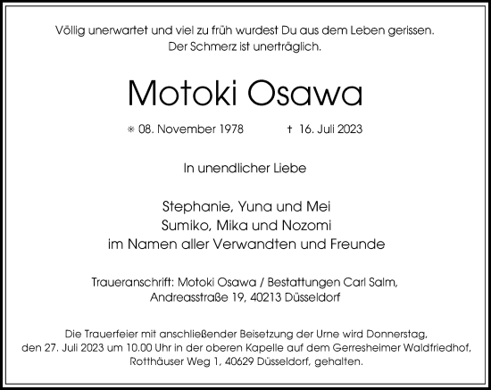 Traueranzeige von Motoki Osawa von Rheinische Post