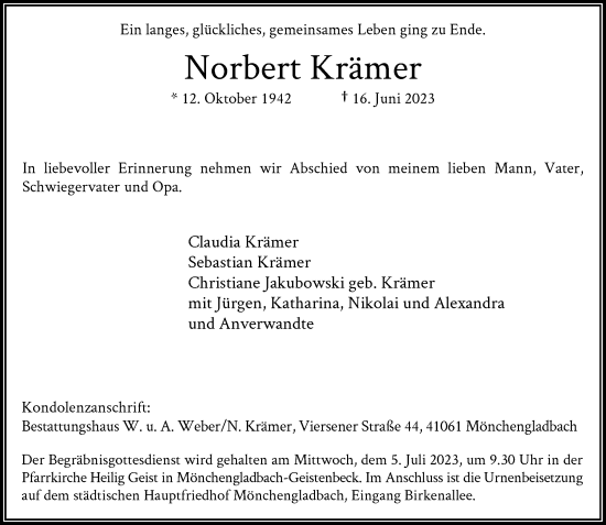 Traueranzeige von Norbert Krämer von Rheinische Post
