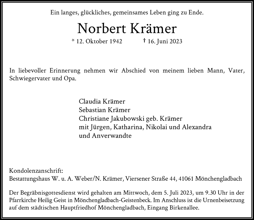  Traueranzeige für Norbert Krämer vom 01.07.2023 aus Rheinische Post