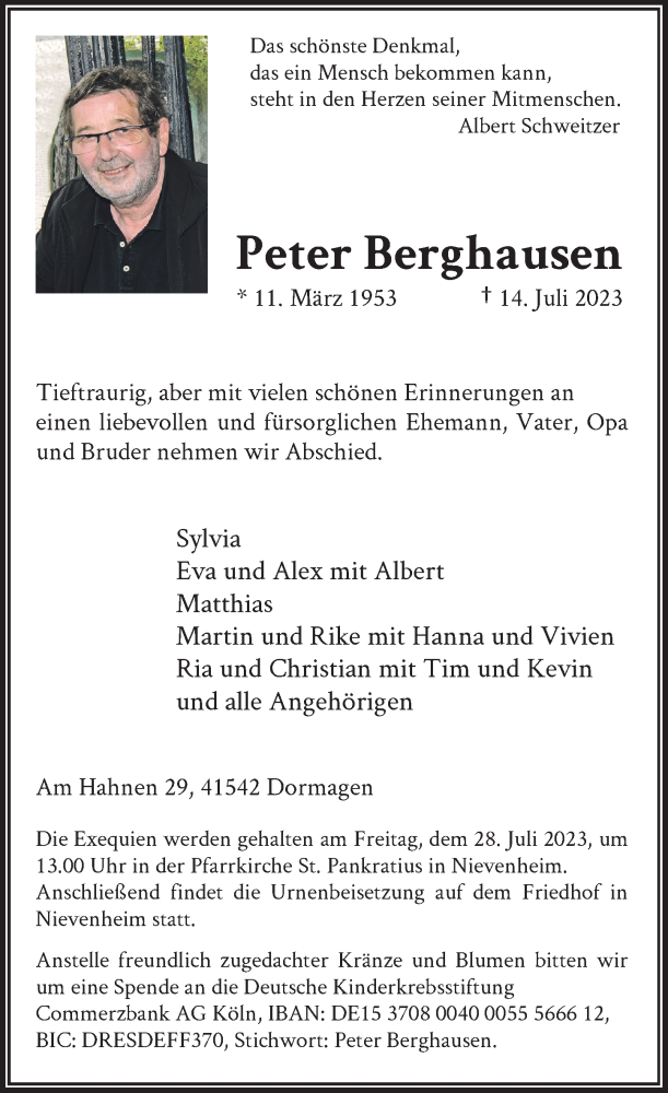  Traueranzeige für Peter Berghausen vom 22.07.2023 aus Rheinische Post