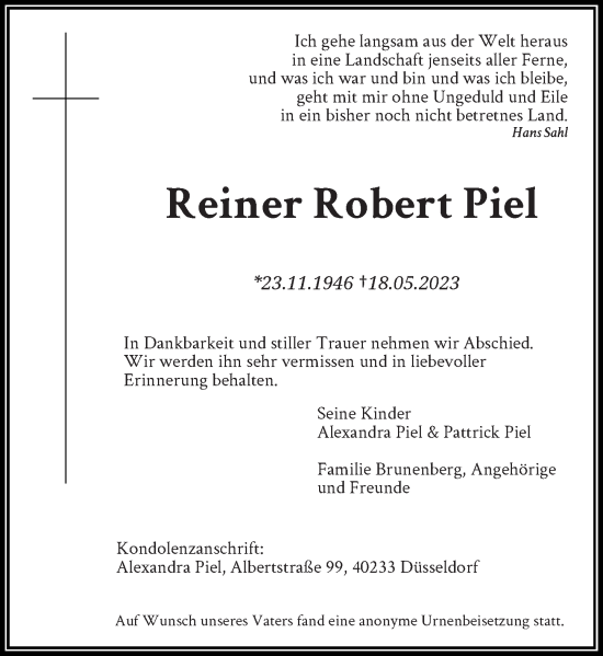 Traueranzeige von Reiner Robert Piel von Rheinische Post