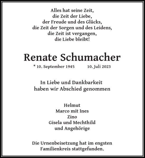 Traueranzeige von Renate Schumacher von Rheinische Post