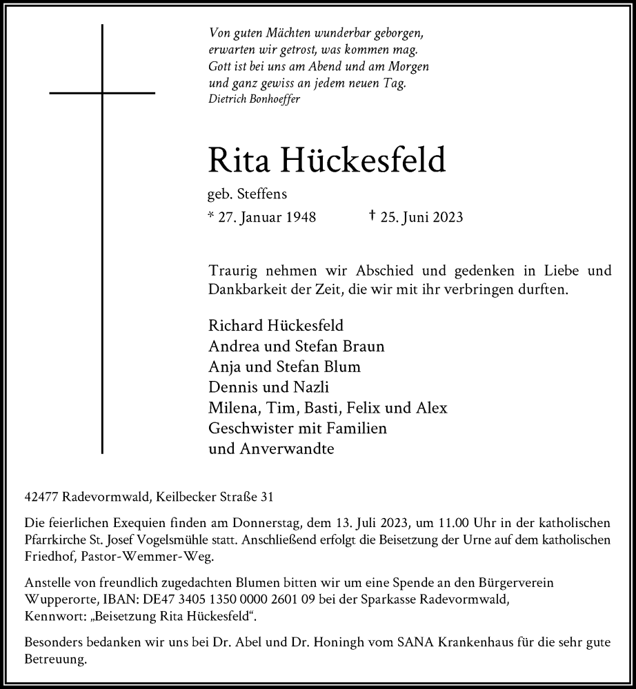  Traueranzeige für Rita Hückesfeld vom 01.07.2023 aus Rheinische Post